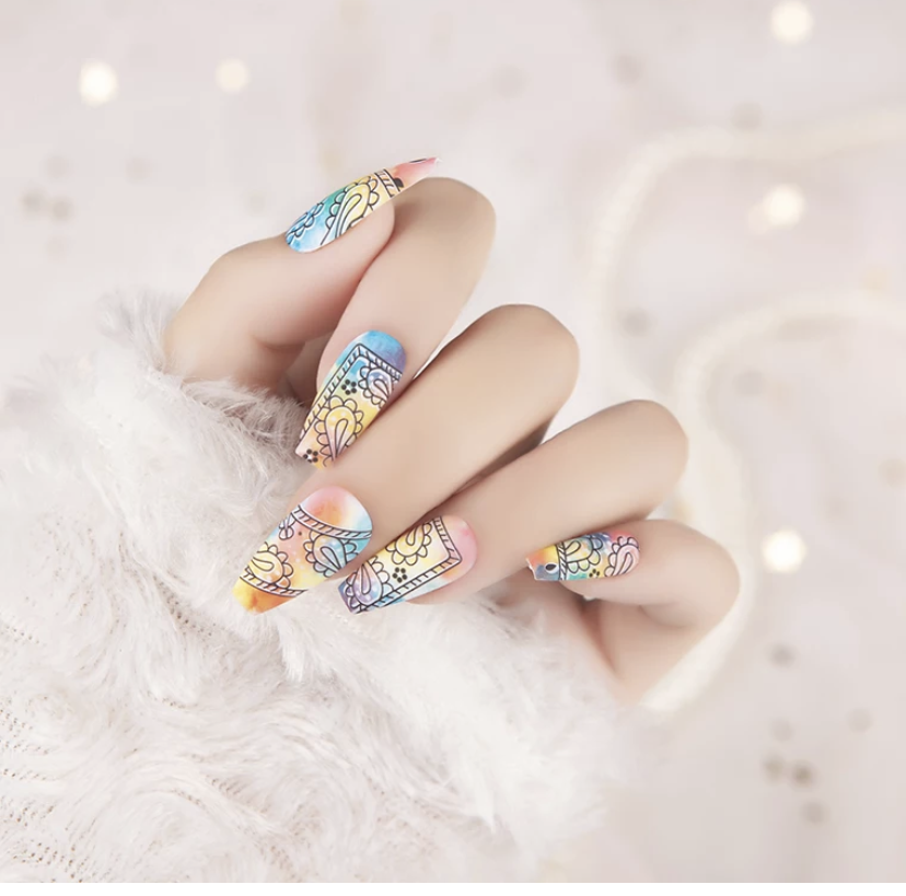 Printed Colorful Nails in Coffin Style.