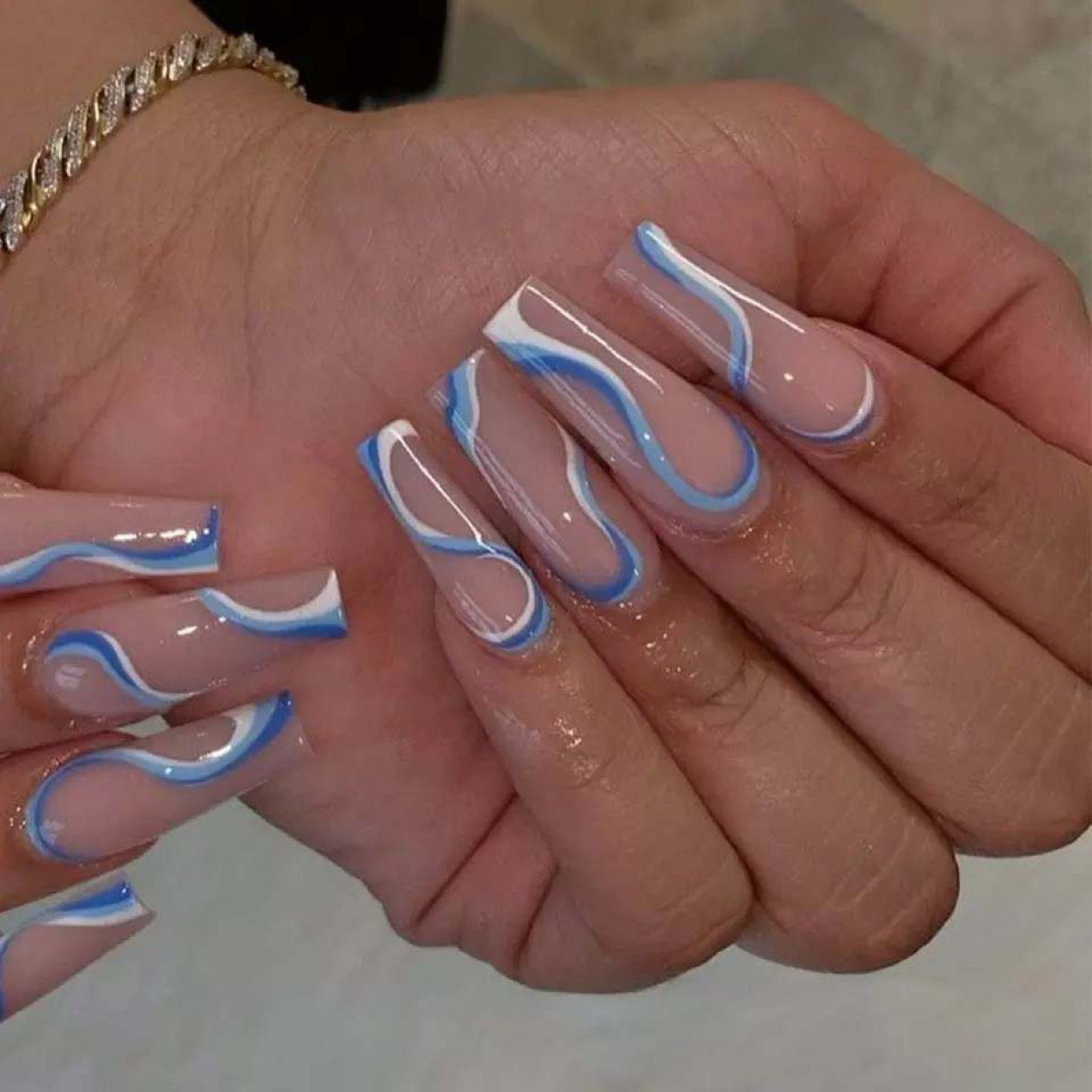 Blue Wave Acrylic Press On Nails In Long Coffin Shape.