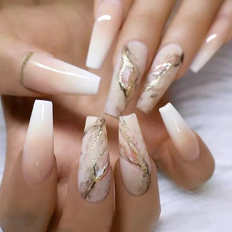 Shinny Marble Nails In Long Coffin Style