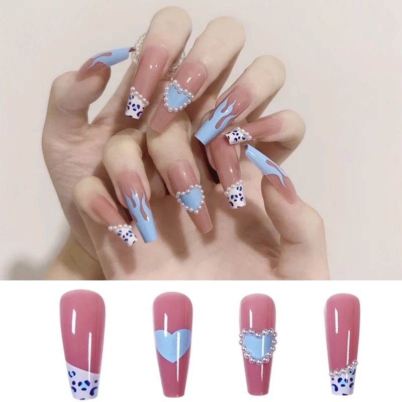 Heart Shape Long Coffin Nails With Stones Design.