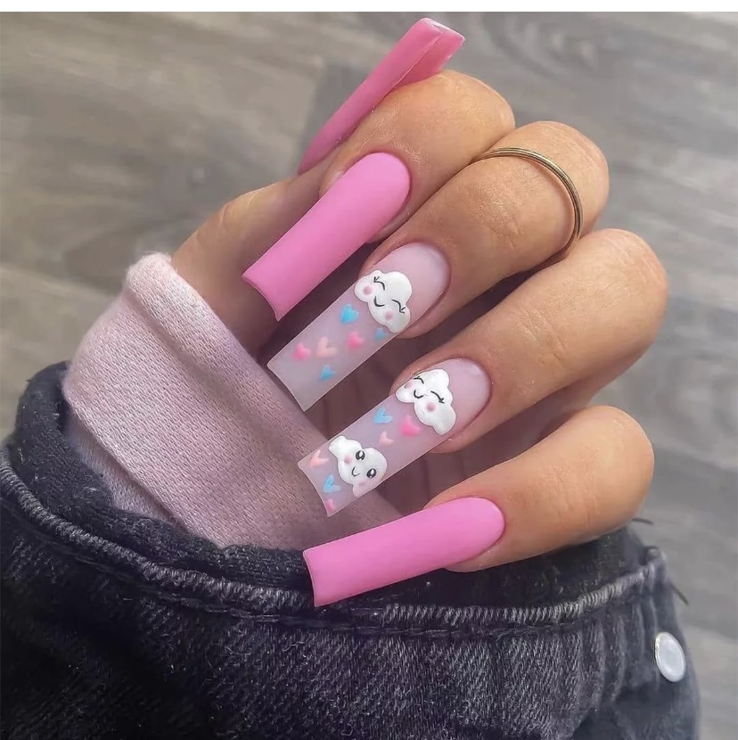 Cloudy Pink & White Nails In Long Coffin Shape.