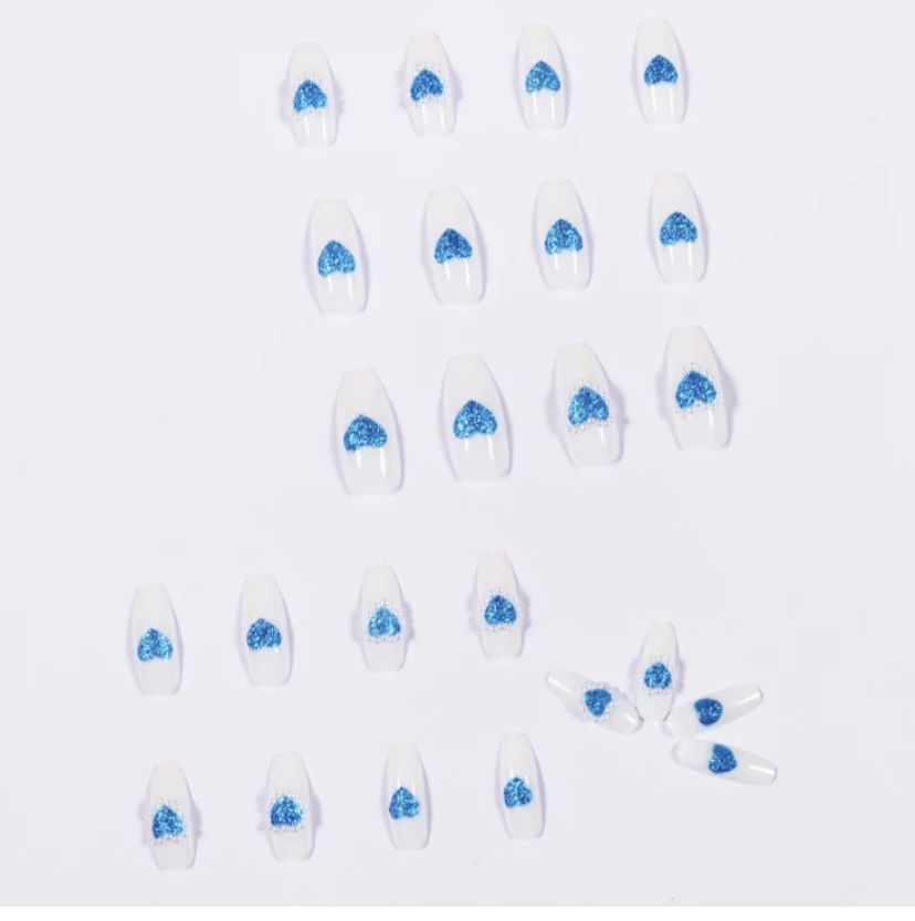 Blue & White Heart Shape nails With Stones In Long Coffin shape.