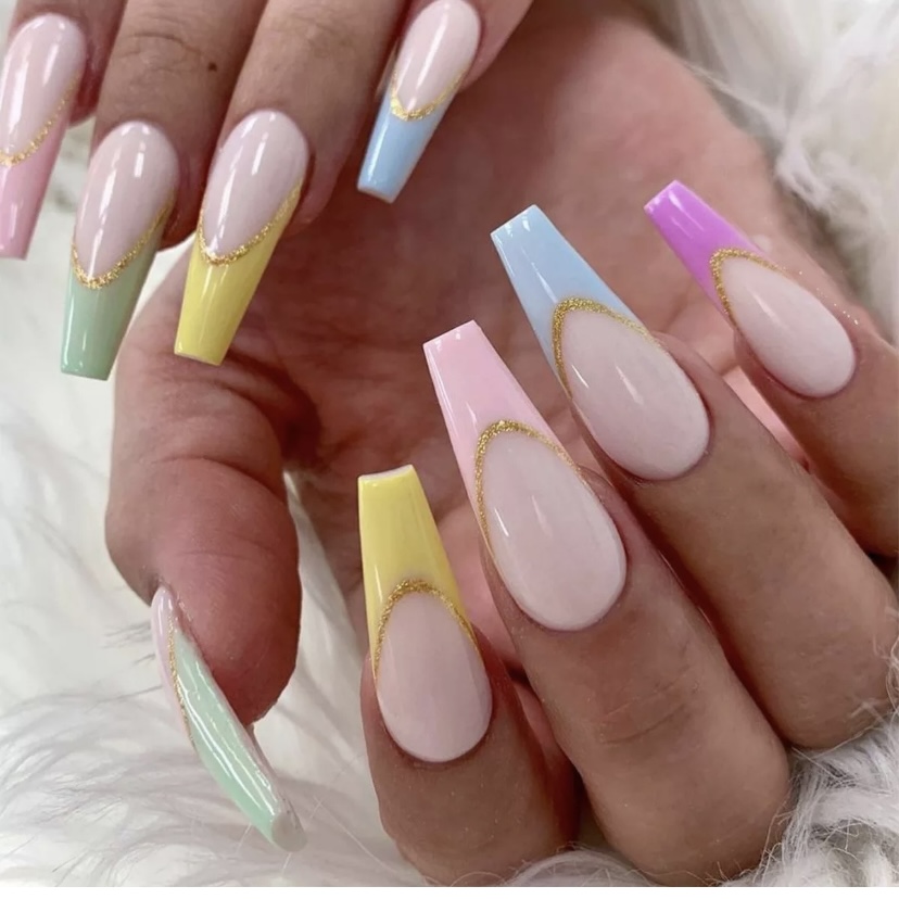 Colored Tips Nails In Long Coffin nails With Stickers