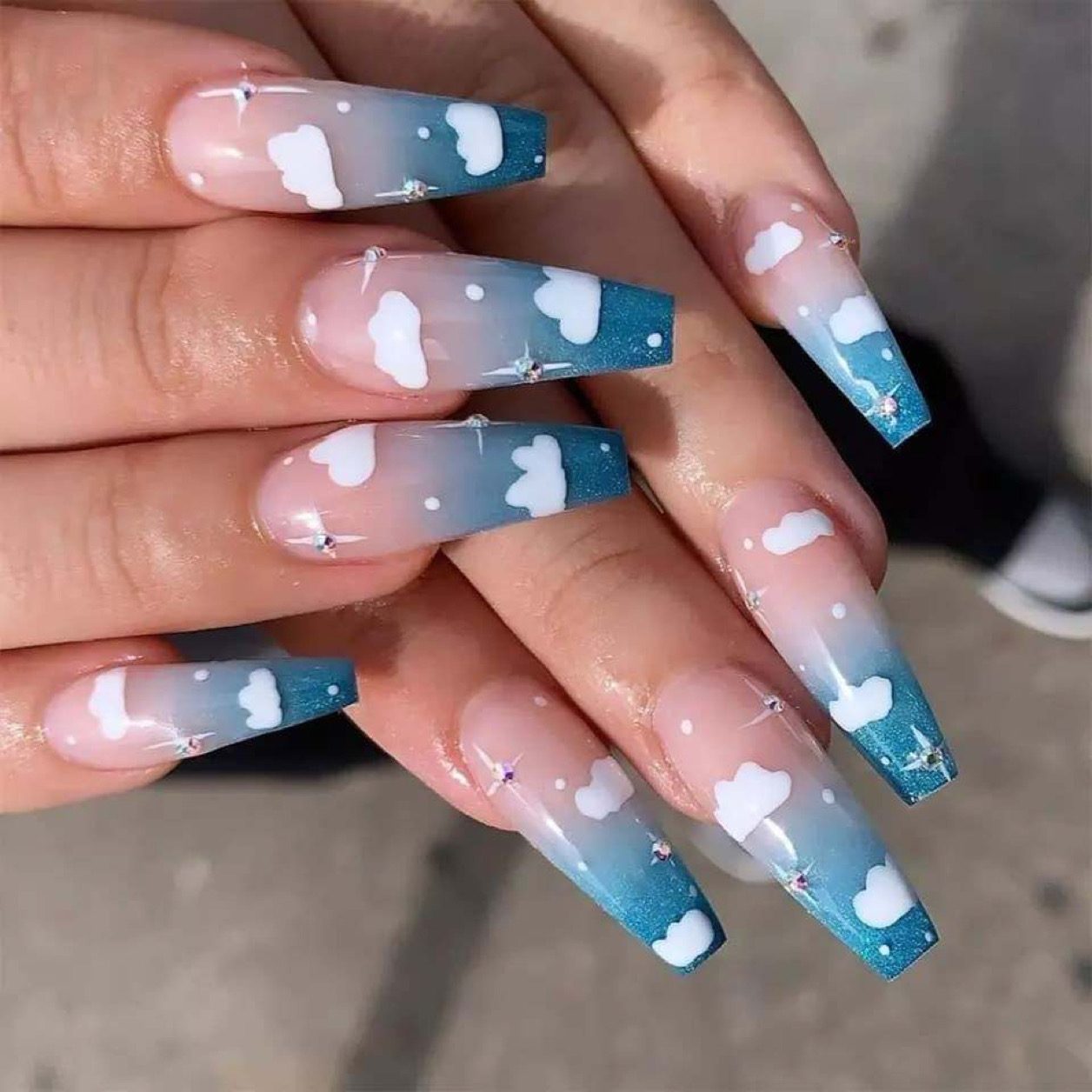 Cloudy Design Press On Nails In Long Coffin Shape With Stickers.