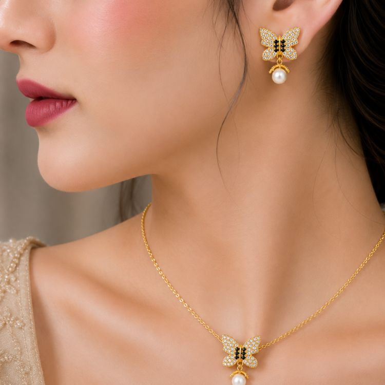 Golden Butterfly Pearl Set