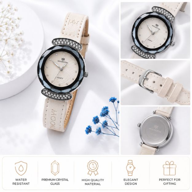 Ivory White Leather Crystal Elegance Watch