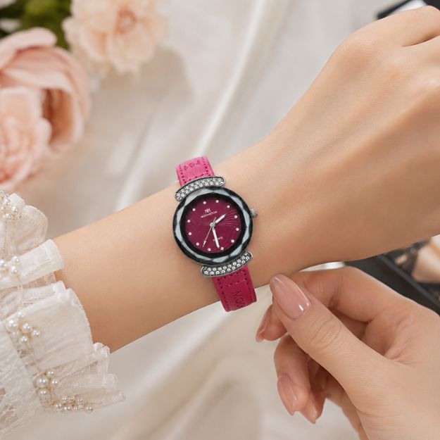 Rose Pink Leather Crystal Elegance Watch