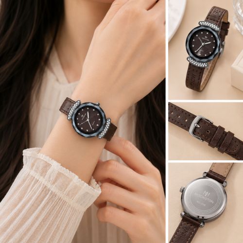 Dark Brown Leather Crystal Elegance Watch