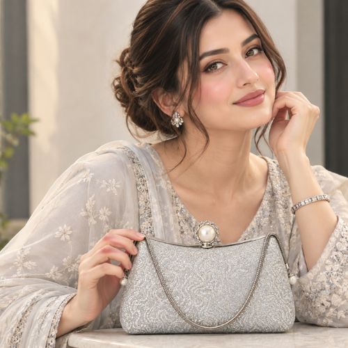 Pearl Charm Silver Clutch